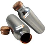 Prisha India Craft 800 ML – Copper Water Bottle Outside Steel Inside Copper – Set of 2