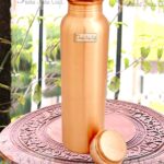 Prisha India Craft Matt Finish Lacqour Coated Anti Tarnished Joint Free New Designed Copper Bottle, Travel Essential, Drinkware, 900 ML