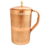 Prisha India Craft Embossed Design Pure Copper Water Jug Pitcher, Drinkware Set, 1500 ML
