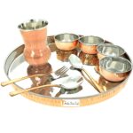 Prisha India Craft Dinnerware Copper Traditional Dinner Set of Thali Plate, Bowls, Fork, Glass Spoon and Serving Spoon, Diameter 13 Inch – Diwali Gifts Items – Stainless Steel Copperware Thali Set