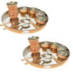 Prisha India Craft Dinnerware Copper Traditional Dinner Set Thali Plate, Bowls, Fork, Glass Spoon and Serving Spoon, Diameter 13 Inch Stainless Steel Copper Thali Set of 2