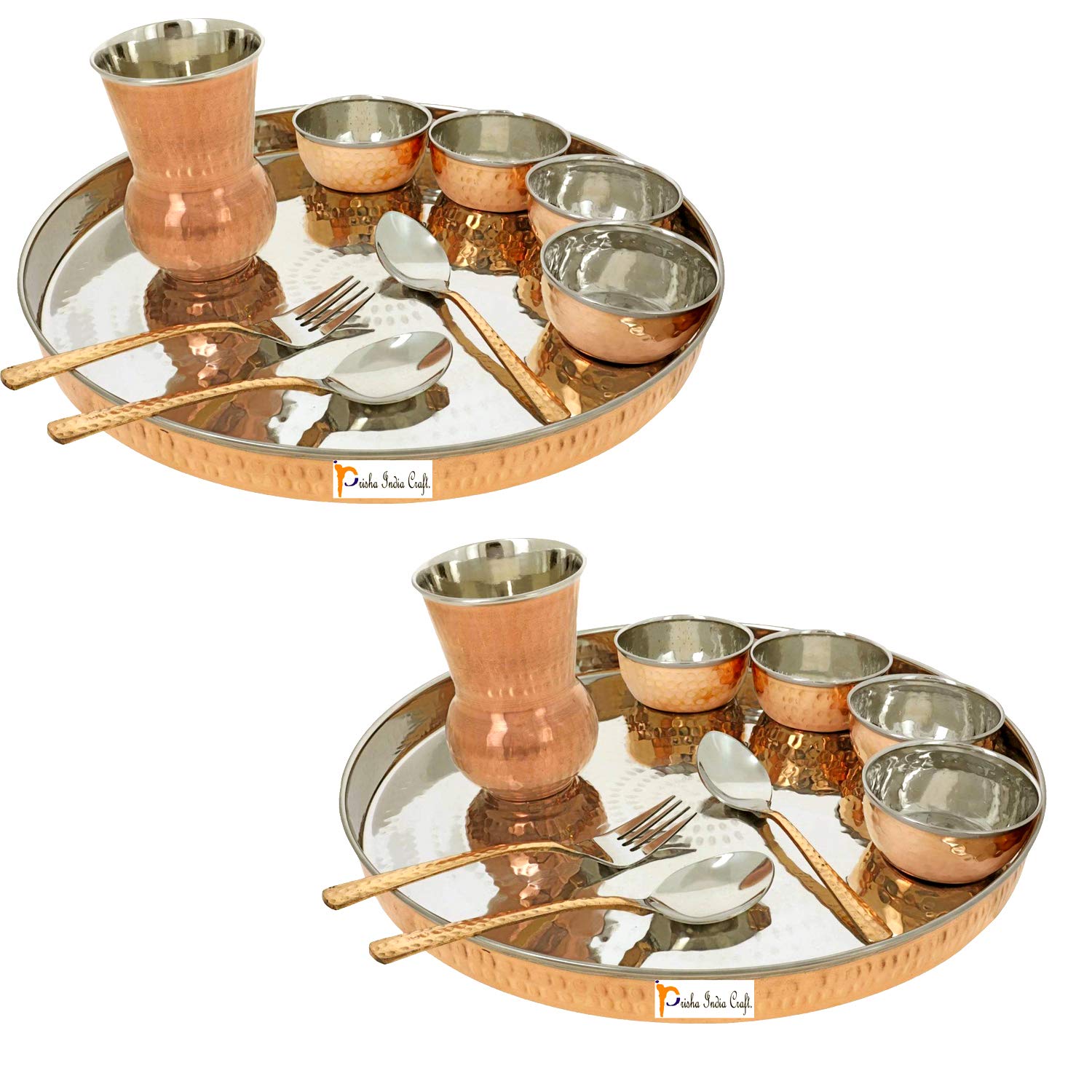 Prisha India Craft Pure Copper Thali Set of Plate, Bowl, Spoon, Fork, Glass, 12-Inch