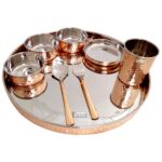 Prisha India Craft Steel Copper Dinner Thali Set Diameter 13″, 1 Thali, 1 Spoon, 1 Fork, 1 Tumbler, 3 Serving Bowls,1 Dessert Bowl