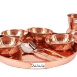 Prisha India Craft Traditional Dinner Set Dinnerware 100% Pure Copperware Thali Set Diameter 12″ (1 Thali, 1 Spoons,1Fork, 1 Tumblers, 4 Serving Bowls)