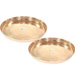 Prisha India Craft Traditional Dinner Set of 2 Dinnerware 100% Pure Copper Thali Set Diameter 12″ (2 Dinner Plates, 2 Spoons, 2Forks, 2 Tumblers, 8 Serving Bowls)