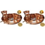 Prisha India Craft ® Set of 2 Traditional Indian Dinnerware Pure Copper Dinner Set of Thali Plate, Bowl, Spoon, Fork, Glass – Diameter 12 Inch