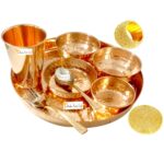 Prisha India Craft Pure Copper Dinner Set of Thali Plate, Bowls, Spoon, Fork, Glass, Diameter 12 Inches