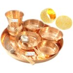 Prisha India Craft Pure Copper Dinner Thali Set of Plate, Bowl, Spoon, Fork, Glass – Diameter 12 Inch