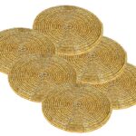 Prisha India Craft Handmade Golden Beaded Tea Coasters, 4 Inch | Set of 6