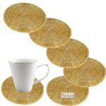 Prisha India Craft Handmade Golden Beaded Tea Coasters, 4 Inch | Set of 8
