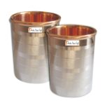 Prisha India Craft Luxury Design Steel Copper Glass Tumbler, Drinkware & Serveware Set, Capacity 250 ML, Set of 2