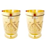 Prisha India Craft Pure Brass Mughlai Style Embossed Design Glass Tumbler | Drinkware & Serveware | Capacity 250 ML | Set of 2