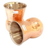 Prisha India Craft Steel Copper Muglai Matka Glass Tumbler Hammered Design, Capacity 270 ML, Set of 2