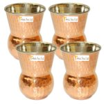 Prisha India Craft Steel Copper Muglai Matka Glass Tumbler Hammered Design, Capacity 270 ML, Set of 4