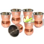 Prisha India Craft Steel Copper Muglai Matka Glass Tumbler Hammered Design, Capacity 270 ML, Set of 6