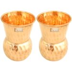 Prisha India Craft Pure Copper Muglai Matka Glass Tumbler, Hammered Design, Capacity 375 ML, Set of 6