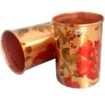 Prisha India Craft Pure Copper Glass Tumbler, Digital Printed Flower Design, Capacity 300 ML, Set of 2 Pieces