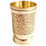 Prisha India Craft Pure Brass Mughlai Style Embossed Design Glass Tumbler, 250 ML (Gold)