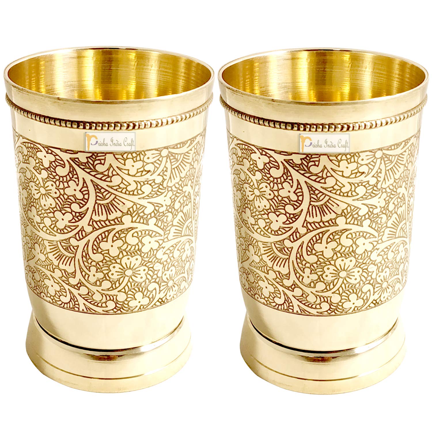 Prisha India Craft Pure Brass Mughlai Style Embossed Design Glass Tumbler, 250 ML, Set of 2
