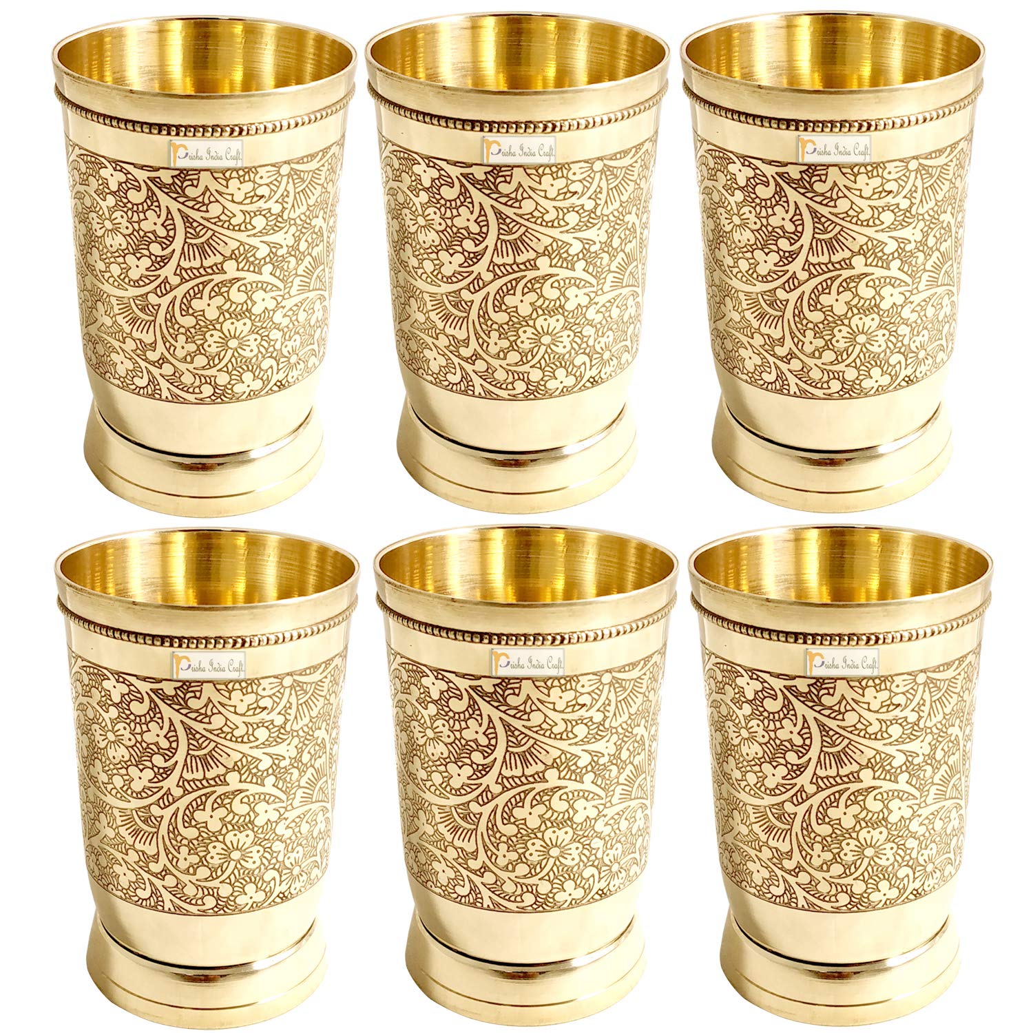 Prisha India Craft Pure Brass Mughlai Style Embossed Design Glass Tumbler, 250 ML, Set of 6