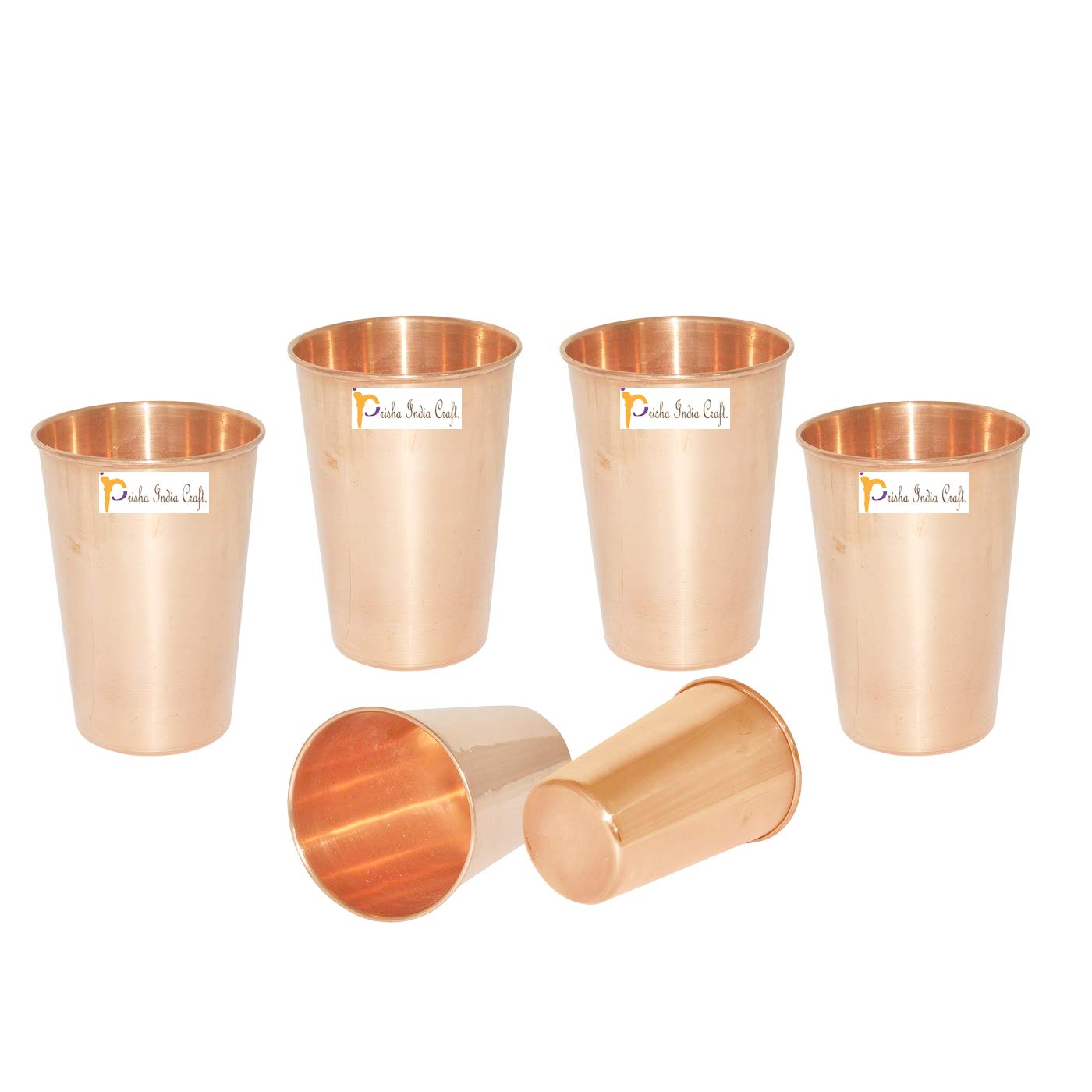Prisha India Craft Copper Glass Ayurvedic Drinkware Tumbler, 400 Ml, Set of 6, Brown, Standard