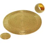 Prisha India Craft ® Handmade Golden Round Beaded Placemat for Dining Table/Tablemat Decorative Placemat with 1 Napkin Ring and 1 Tea Cup Coaster (Dia – 12″)