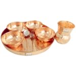 Prisha India Craft Traditional Dinner Set of 4 Dinnerware 100% Pure Copperware Thali Set Diameter 12″ (4 Thali, 4 Spoons,4 Fork, 4 Tumblers, 16 Serving Bowls)