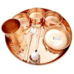 Prisha India Craft Hammered Pure Copper Dinner Thali Set, 32 Pieces, Service for 4