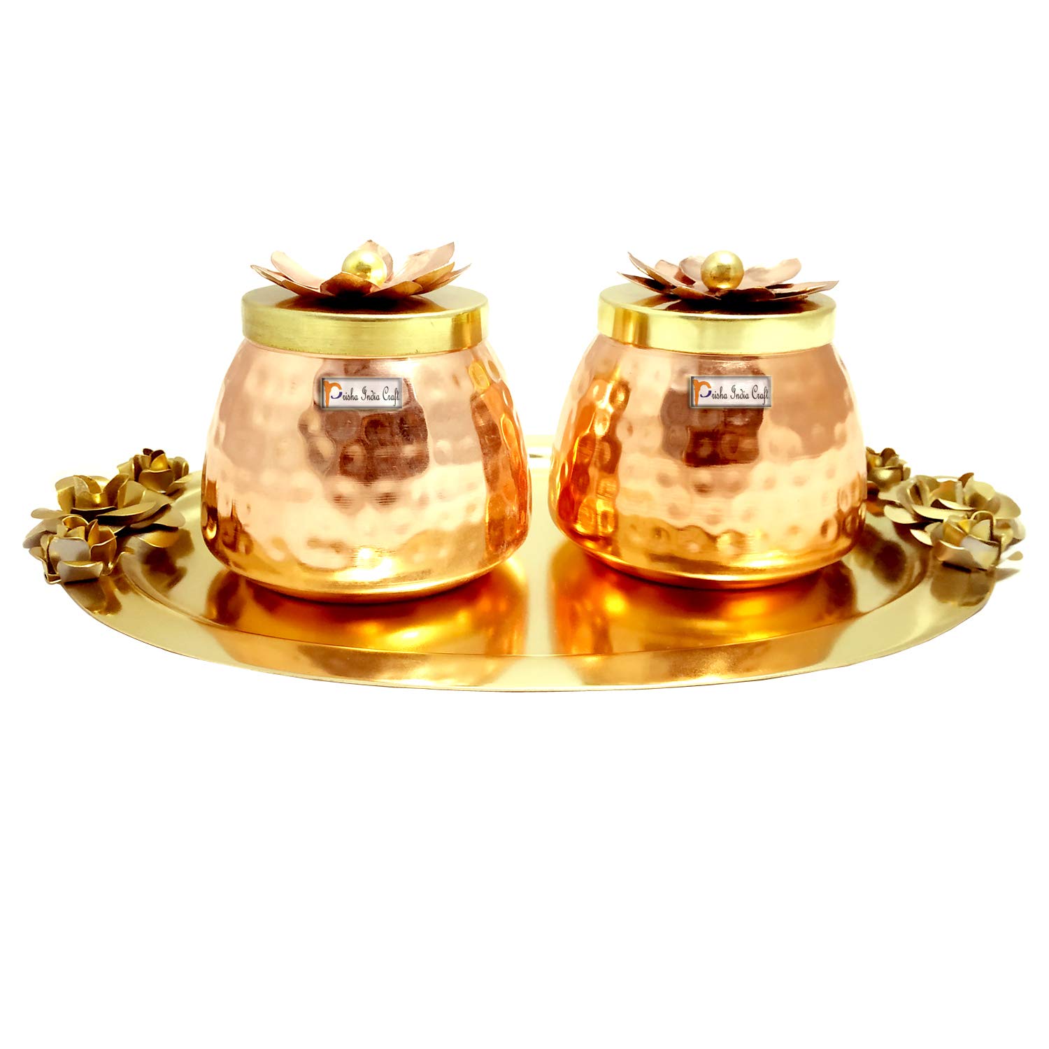 Prisha India Craft Copper Plating Dry Fruit Container Decorative Serving Bowls set with Plate Gold