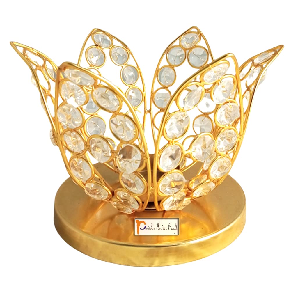 Prisha India Craft Golden Crystal Tealight Holder Decorative Candle Holder for Party Decoration | Height 9.50", Length 6.50", Width 2.20" Inch