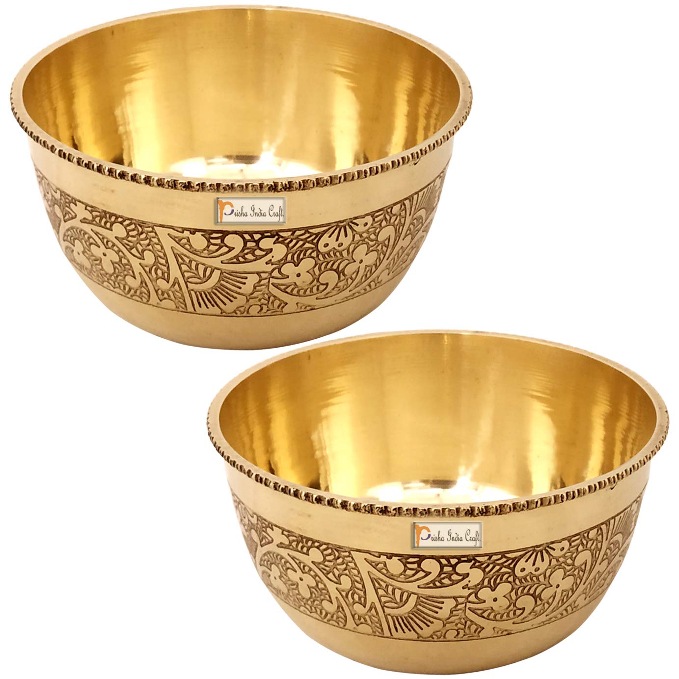 Prisha India Craft Pure Brass Embossed Design Small Beaded Bowl Katori, 150 ML, Set of 2
