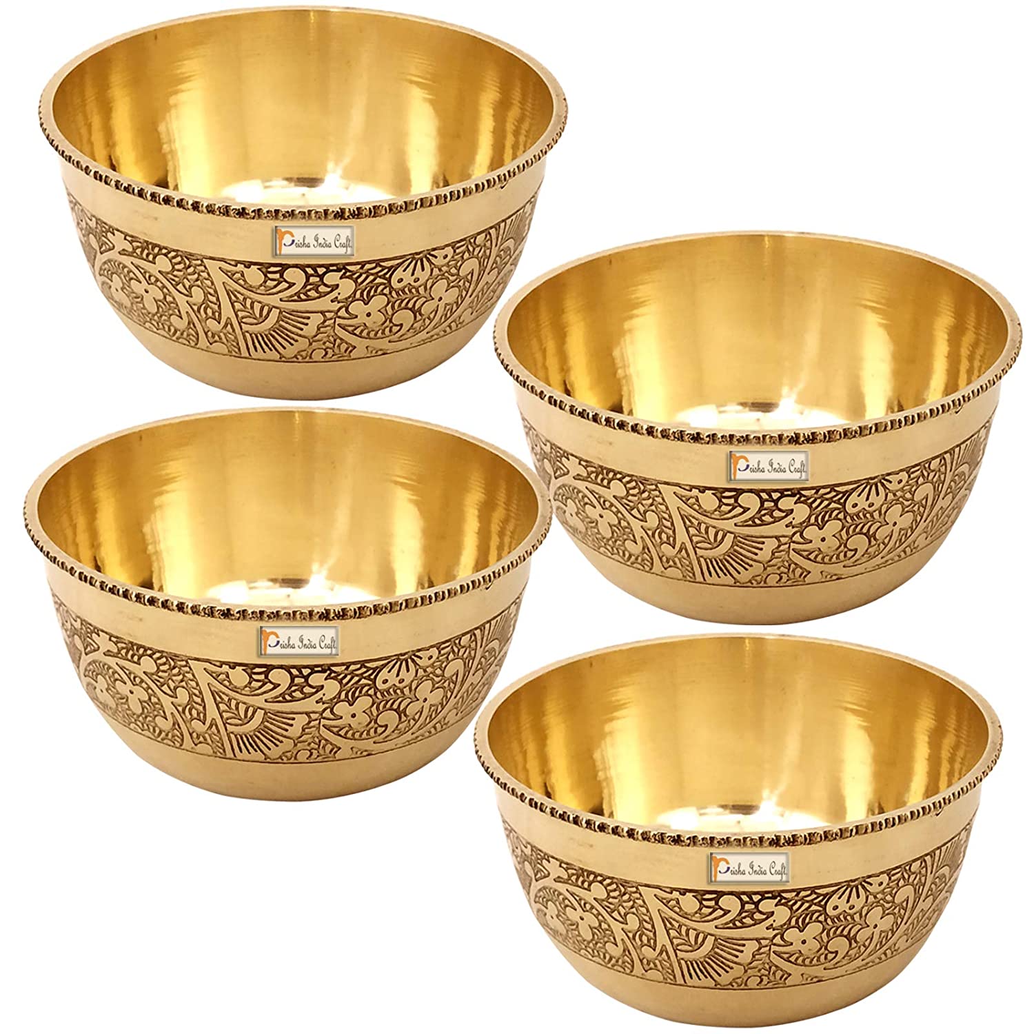 Prisha India Craft Pure Brass Embossed Design Small Beaded Bowl Katori, 150 ML, Set of 4
