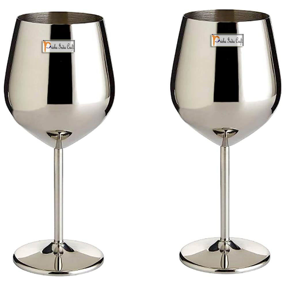 Prisha India Craft Stainless Steel Unbreakable BPA-Free Shatter-Proof Wine Glasses (500 ml) Set of 2