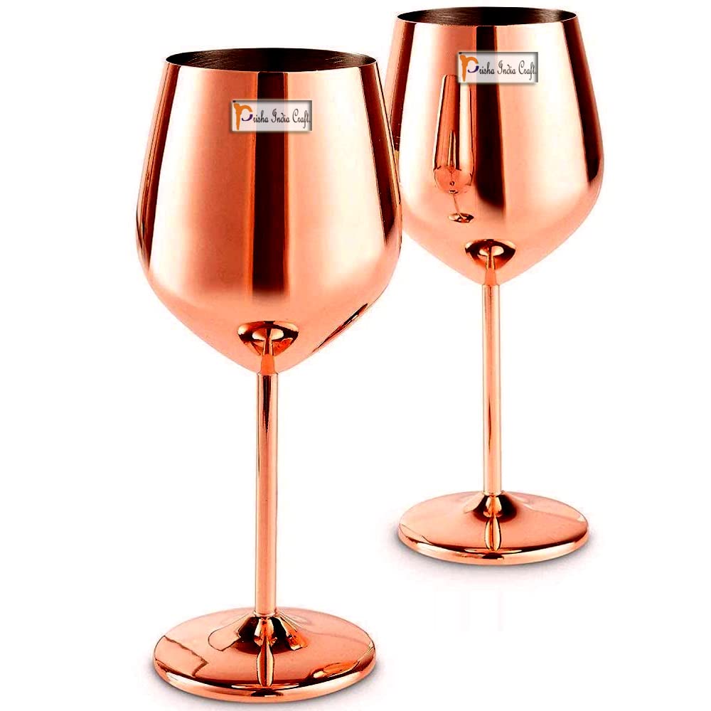 Prisha India Craft Stainless Steel Stemmed Wine Glasses, Shatter Proof Copper Coated Unbreakable Wine Glass Goblets,Premium Gift for Men and Women, Party Supplies - 500 ml Set of 2 Pcs