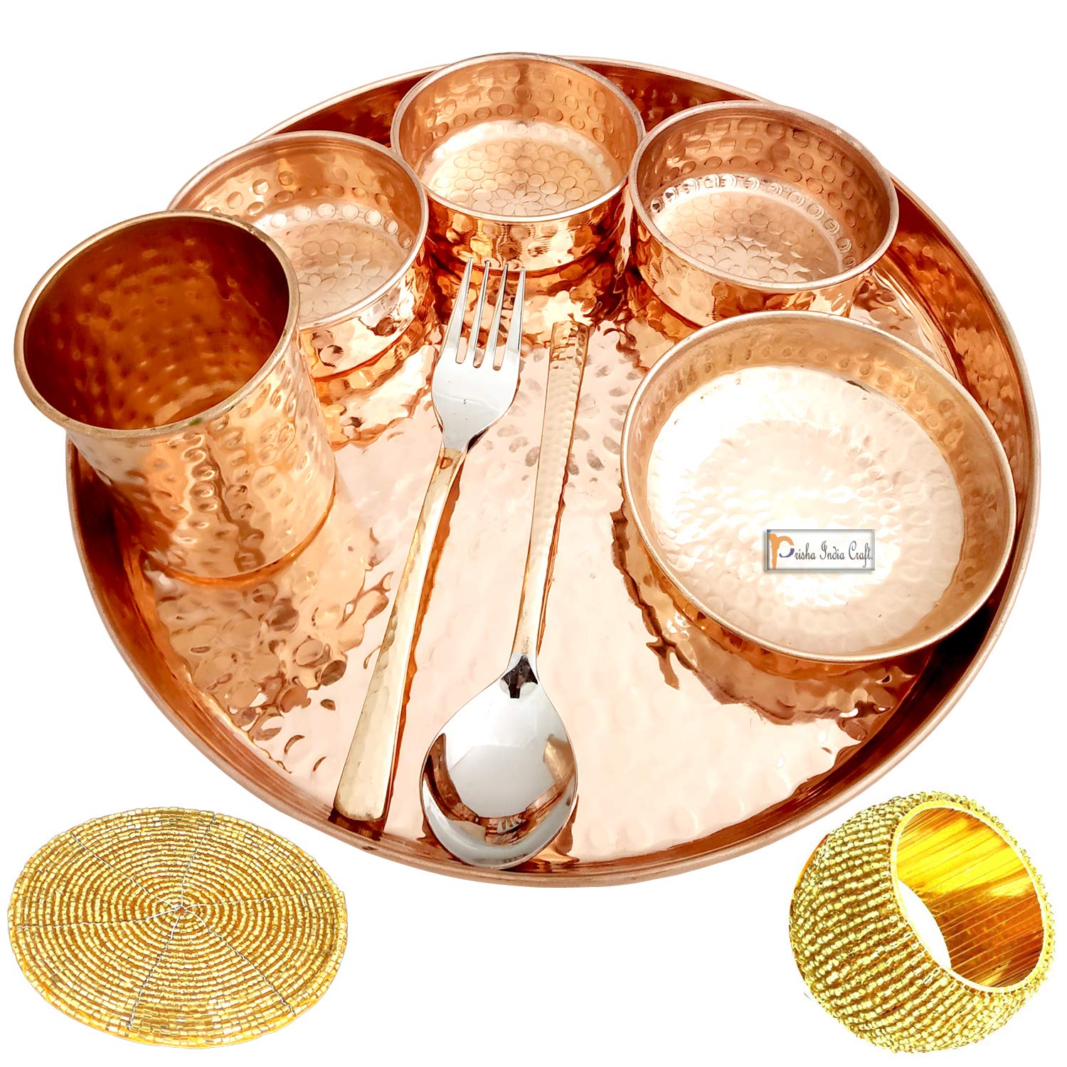 Prisha India Craft Pure Copper Thali Set of Plate, Bowl, Spoon, Fork, Glass, 12-inch