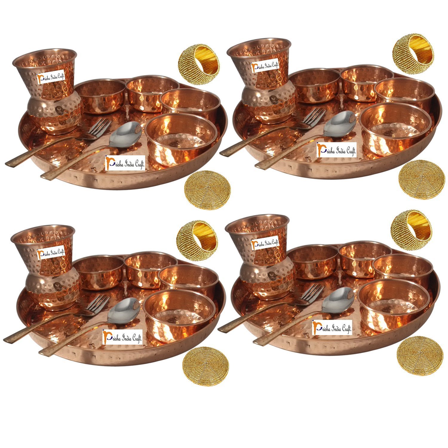 Prisha India Craft � Set of 4 Traditional Indian Dinnerware Pure Copper Dinner Set of Thali Plate, Bowl, Spoon, Fork, Glass - Diameter 12 Inch
