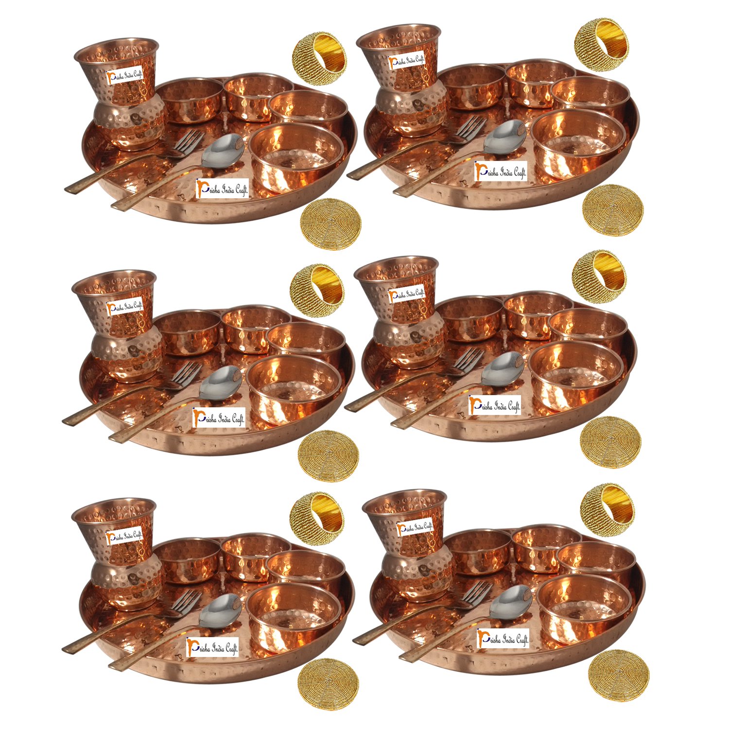 Prisha India Craft ® Set of 6 Traditional Indian Dinnerware Pure Copper Dinner Set of Thali Plate, Bowl, Spoon, Fork, Glass - Diameter 12 Inch