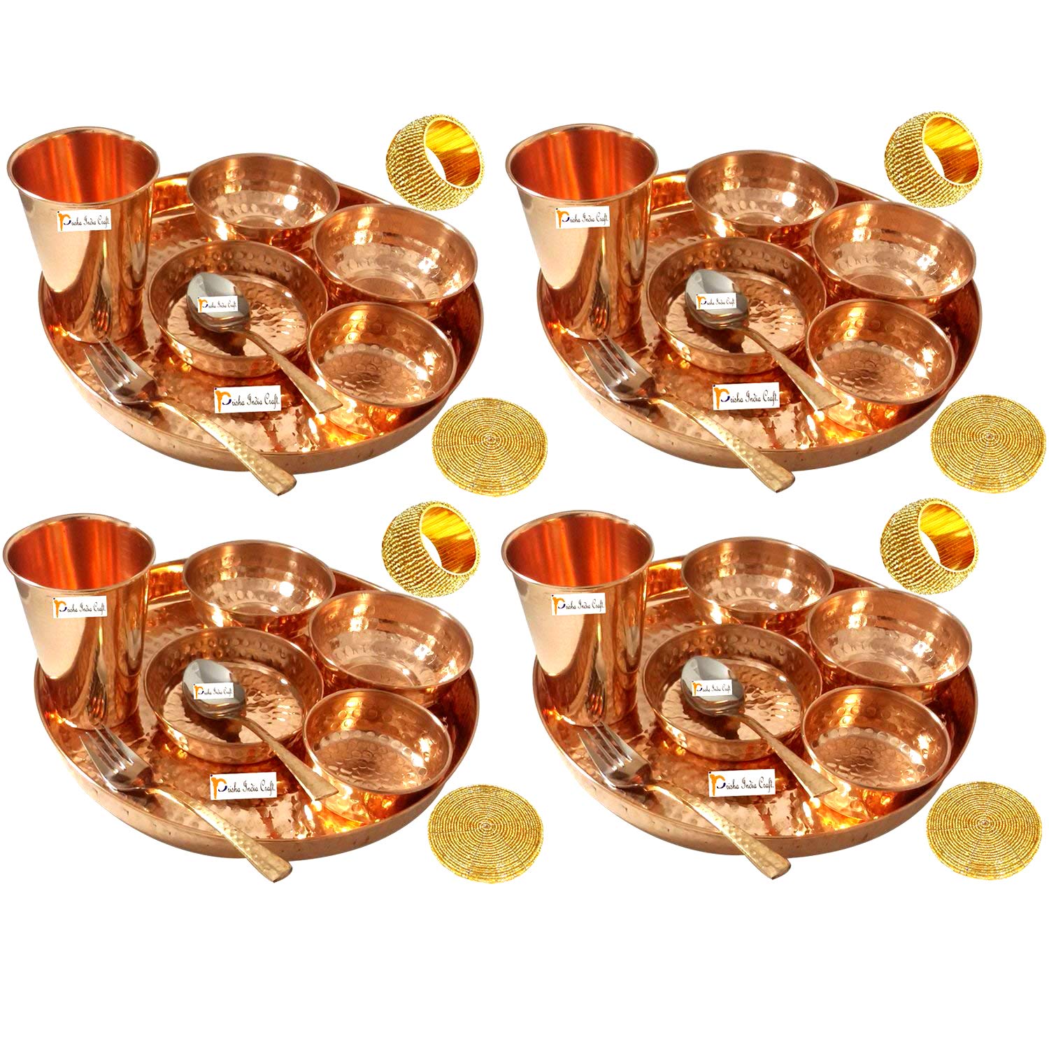 Prisha India Craft Pure Copper Dinner Thali Set, Serveware & Dinnerware, 40 Pieces, Service for 4