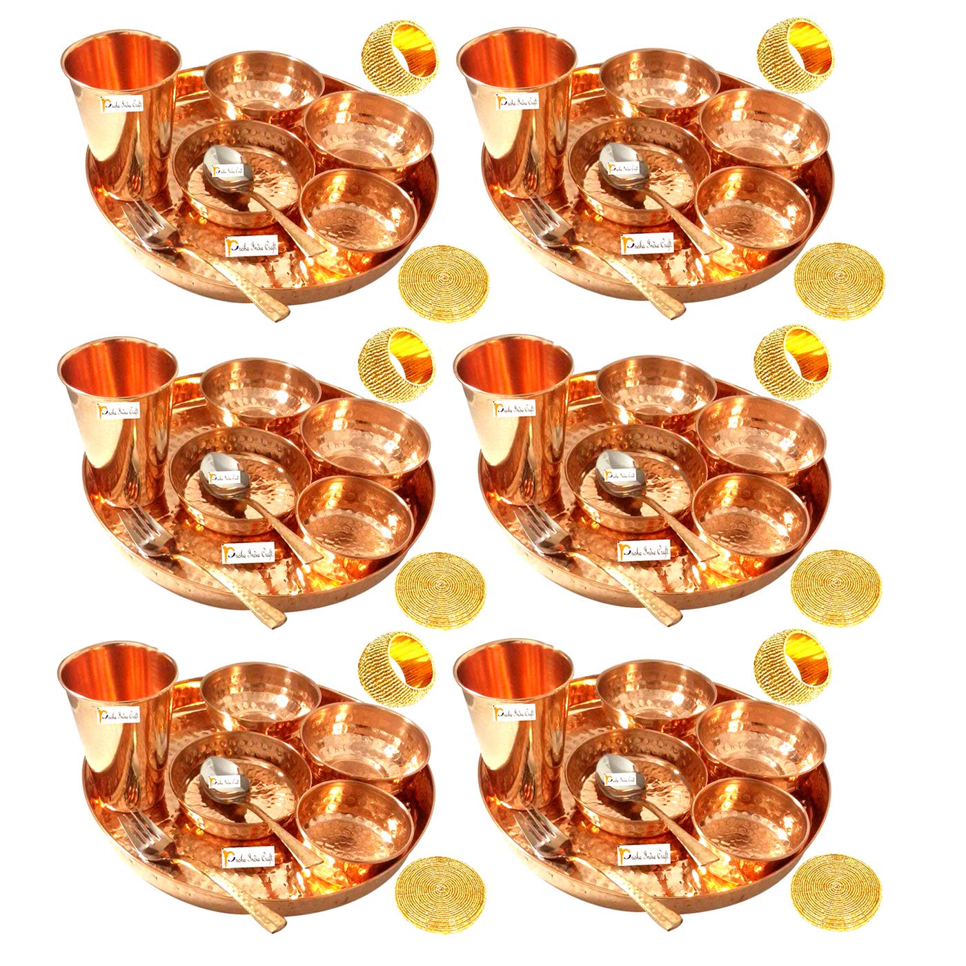 Prisha India Craft Set of 6 Traditional Indian Dinnerware Pure Copper Dinner Set of Thali Plate, Bowl, Spoon, Fork, Glass - Dia 12 Inch