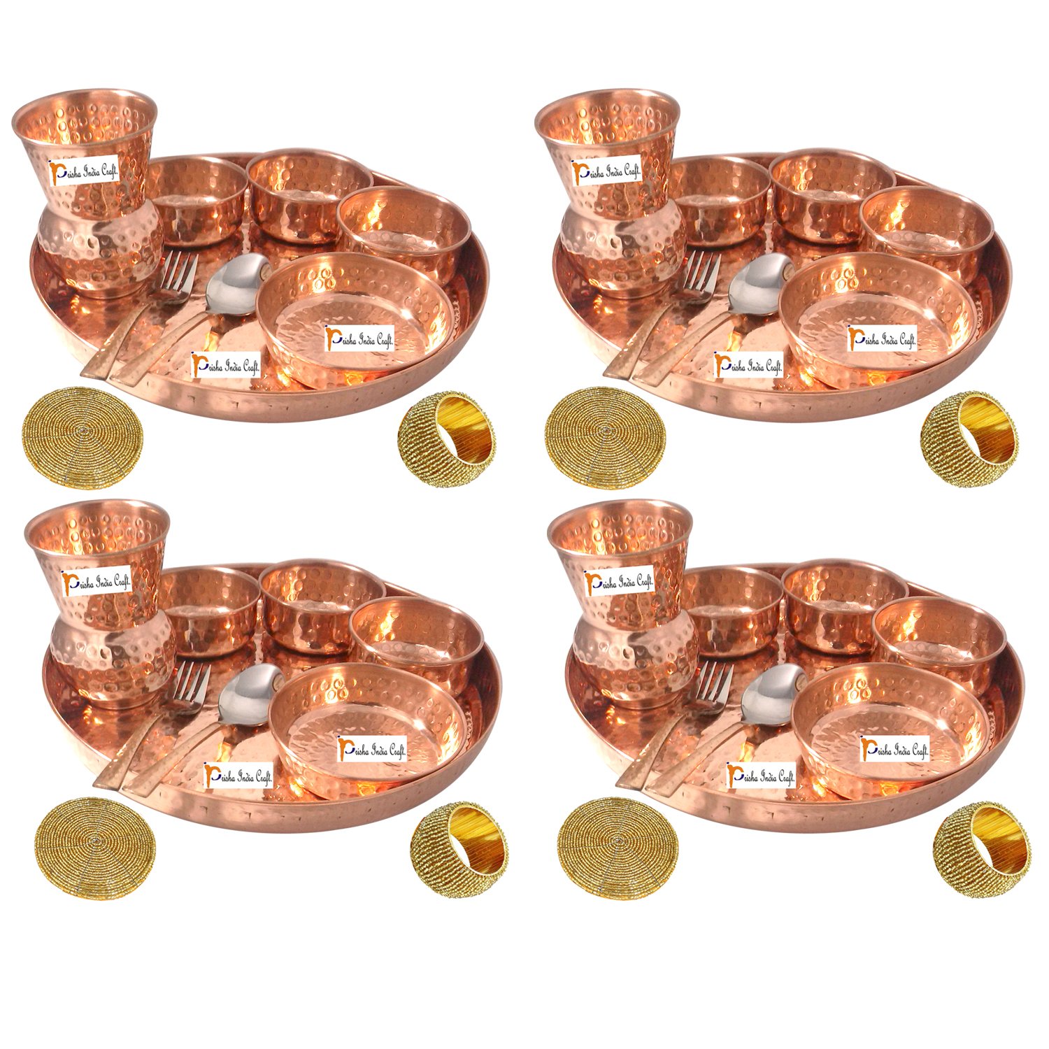 Prisha India Craft � Indian Dinnerware Pure Copper Thali Set Dia 12" Traditional Dinner Set of Plate, Bowl, Spoons, Glass with Napkin Ring, set of 4