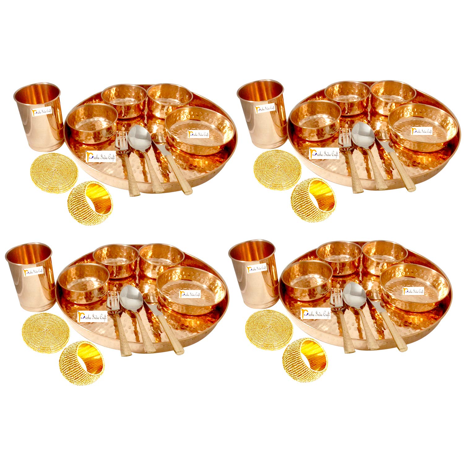 Prisha India Craft Pure Copper Hammered Traditional Design Dinner Thali Set, Service for 4