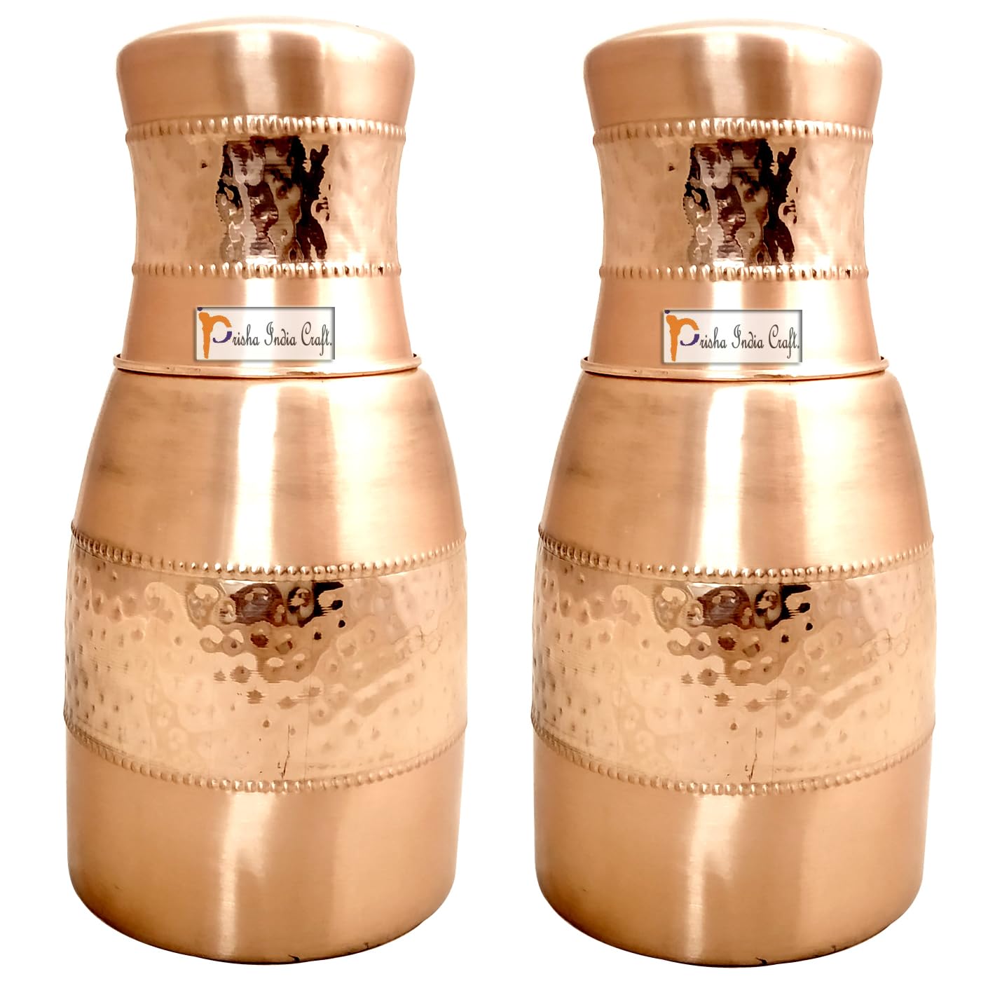 Prisha India Craft Pure Copper Bedroom Bottle | Bedside Bedroom jar with inbuilt Glass Vessel | Water Bedroom Bottle 1 Litre (Pack of 2)