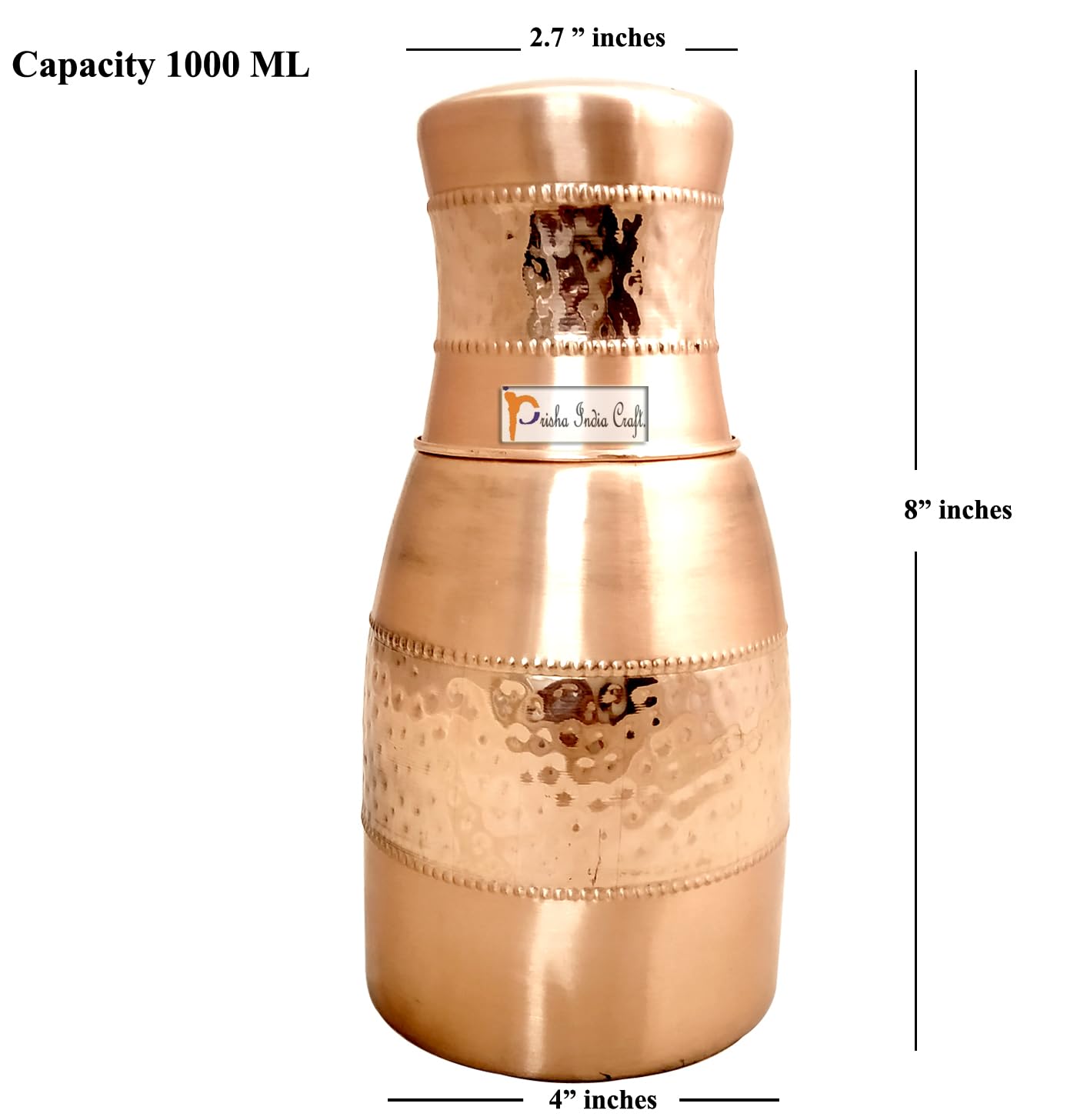 Prisha India Craft Pure Copper Bedroom Bottle | Bedside Bedroom jar with inbuilt Glass Vessel | Water Bedroom Bottle 1 Litre (Pack of 1)